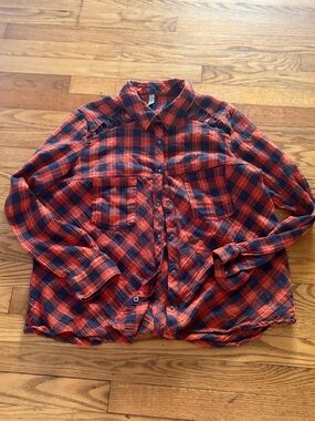 Free People Orange and Navy Plaid Button-Up Shirt